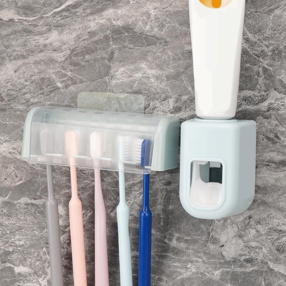 5 Slots Wall Mount Toothbrush Holder with Cover, Self Adhesive Toothbrush Storage Organizer for Shower, Toothbrush Hanger with Automatic Toothpaste Squeezer Dispenser (5Colors)