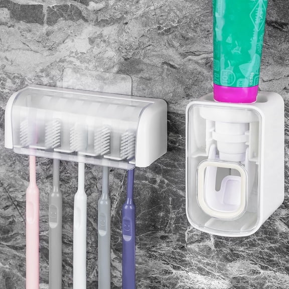 5 Slots Wall Mount Toothbrush Holder with Cover, Self Adsive Storage Organizer for Shower, Hanger Automatic Toothpaste Squeezer Dispenser