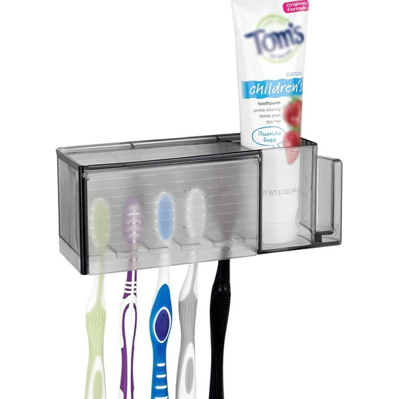 5 Slots Wallmount Toothbrush Holder with Cover for Shower, Plastic Multifunctional Toothpaste Toothbrush Organizer Compatible with Oral-B Cross Action, Colgate Renewal (Gray)