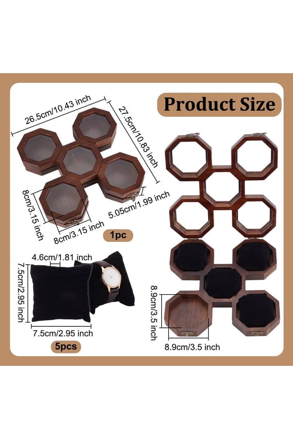 5 Slots Wooden Watch Organizer Visible Window Watch Boxes with 5Pcs Watch Pillow Brown Watch Display Case Organizer Watch Storage with Glass Lid Watch Holders Watch Presentation Box