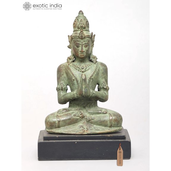5" Small Crown Buddha Seated on Wood Base | Brass Statue