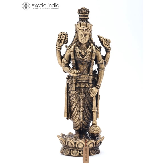 5" Small Lord Vishnu Standing on Lotus with Shankh, Chakra, Gada & Padma | Copper Statue | Made in India