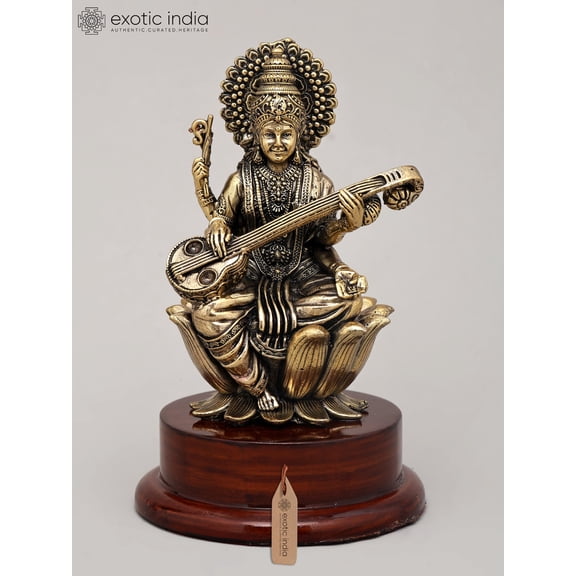 5" Small Superfine Idol of Goddess Saraswati Playing Sitar on Wood Base | Brass Statue