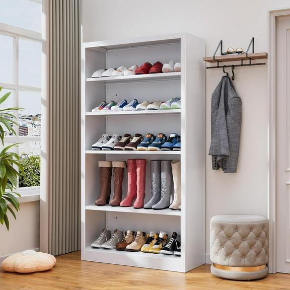 5-Space Heavy Duty Steel Shoe Rack, 4-Tier Adjustable Shoe Shelf with Back Panel, 55" Tall Open Shoe Organizer for Entryway, Closet, Apartment - Sturdy Metal Shoe Storage (White, 5 Tier-55"H*27.6W)