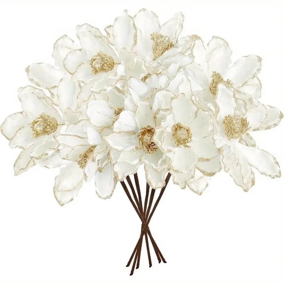 5 Sparkling White Golden Sunflower Pieces - Faux Velvet Magnolia Stems, Perfect for Christmas Trees, Weddings, and DIY Crafts - Great for Holiday Party Decorations
