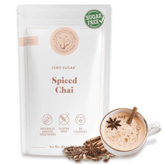 5 SPARROWS Healthy Sugar-Free Spiced Chai Tea Latte Powder - Stevia-Sweetened, Zero Sugar Creamer for Dirty Chai - Keto-Friendly Flavored Coffee Drink Mix, 10 oz