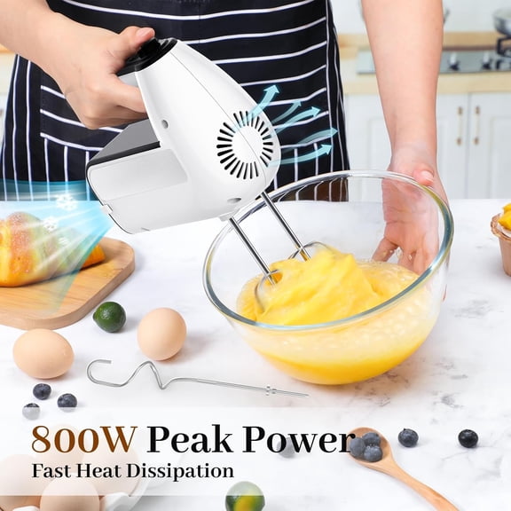 5-Speed Electric Hand Mixer, 800W Handheld Mixer with Turbo for Baking & Cooking, Kitchen Food Storage Case 5 Stainless Steel Attachments (2 Beaters, 2 Dough Hooks, Whisks)-White