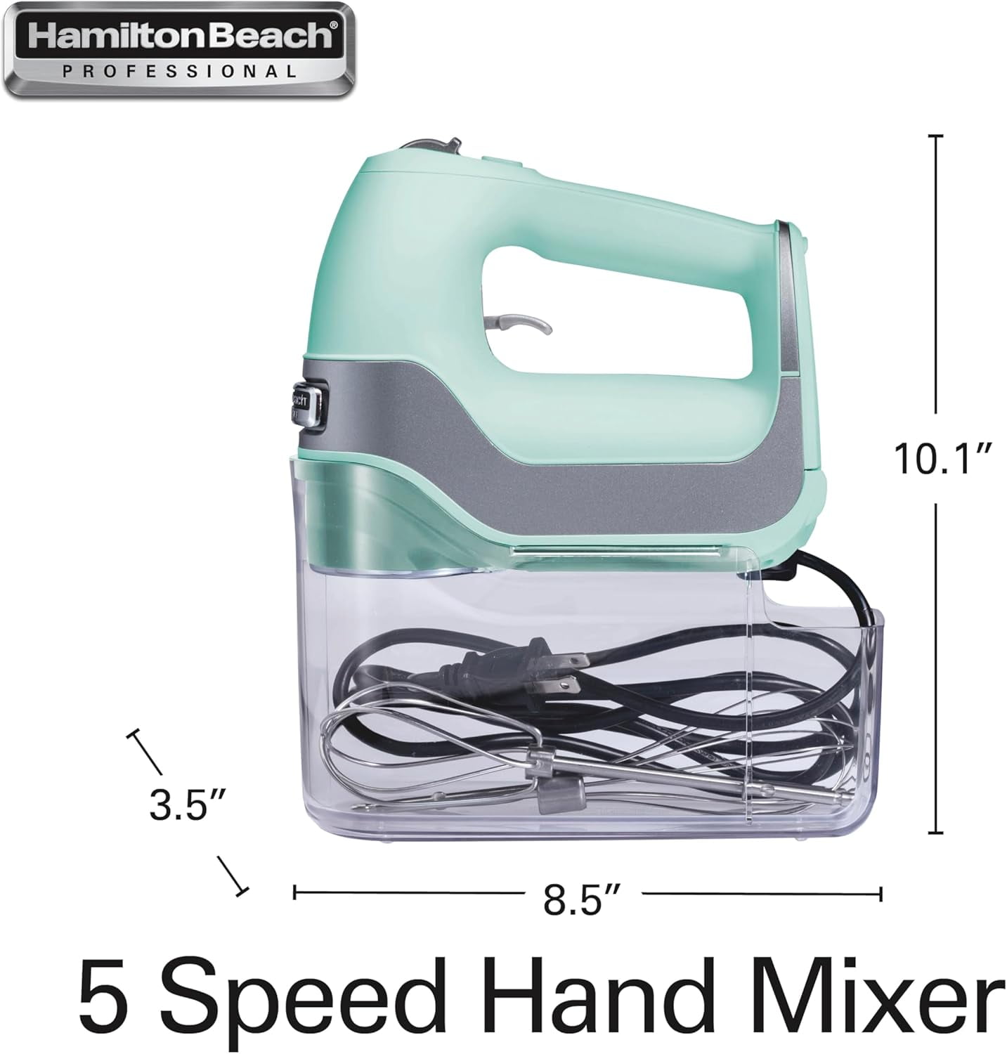 5-Speed Electric Hand Mixer with Snap-On Storage , QuickBurst, Stainless Steel Twisted Wire Beaters and Whisk, Mint