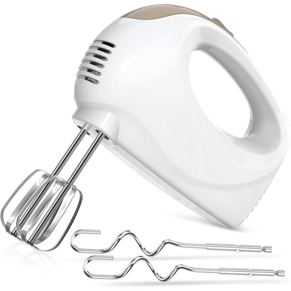 5-Speed Electric Hand Mixer with Whisk, Traditional Beaters, 120 Watts,Portable & Lightweight, Blending or Cooking White
