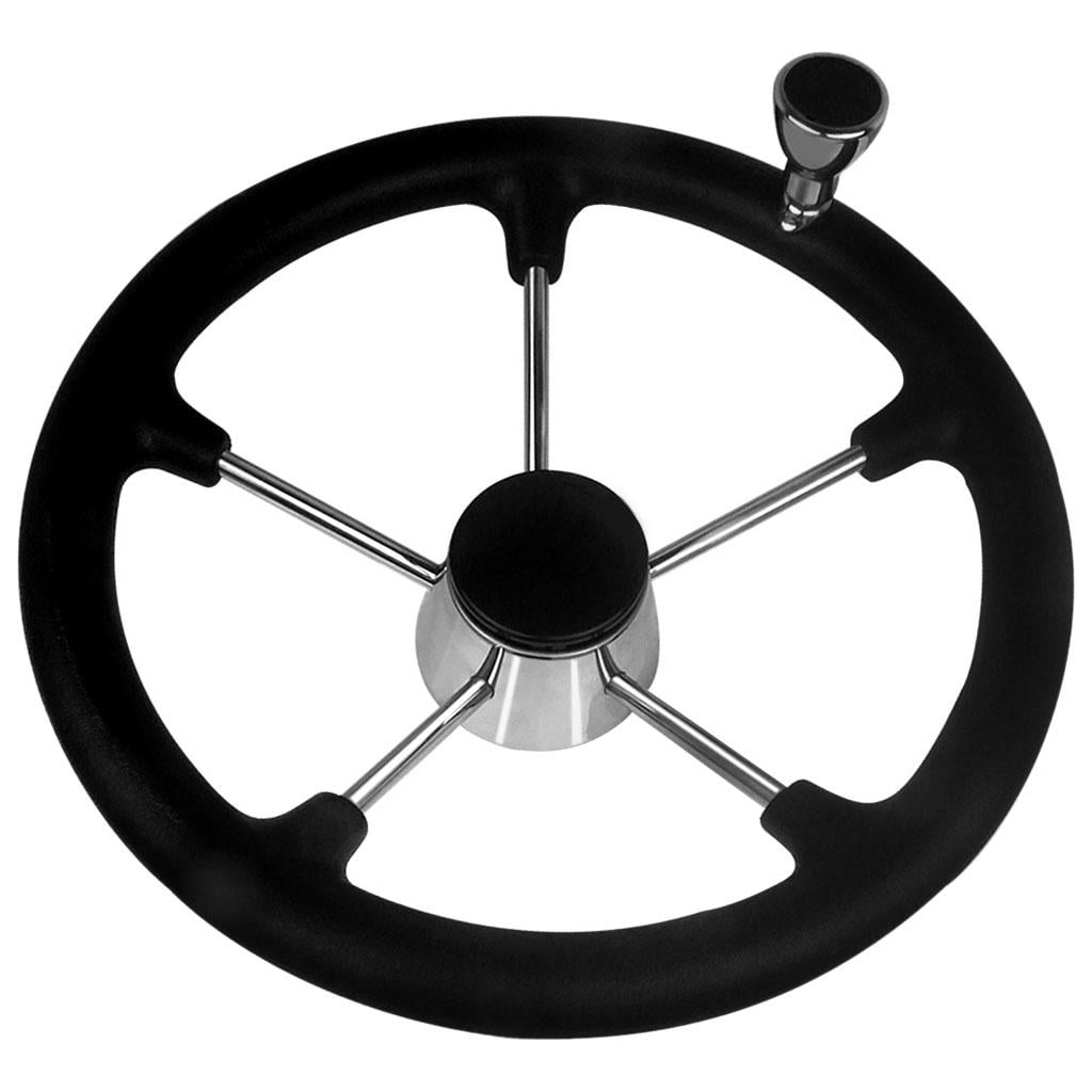 5 Spokes Boat Steering Wheel, Stainless Steel Marine Wheel material grip with Knob, Black, 25 Degree Dish