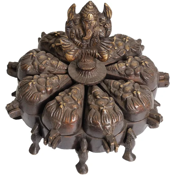 5" Sri Ganesh Brass Ritual Box with Lids | Handmade | Made in India