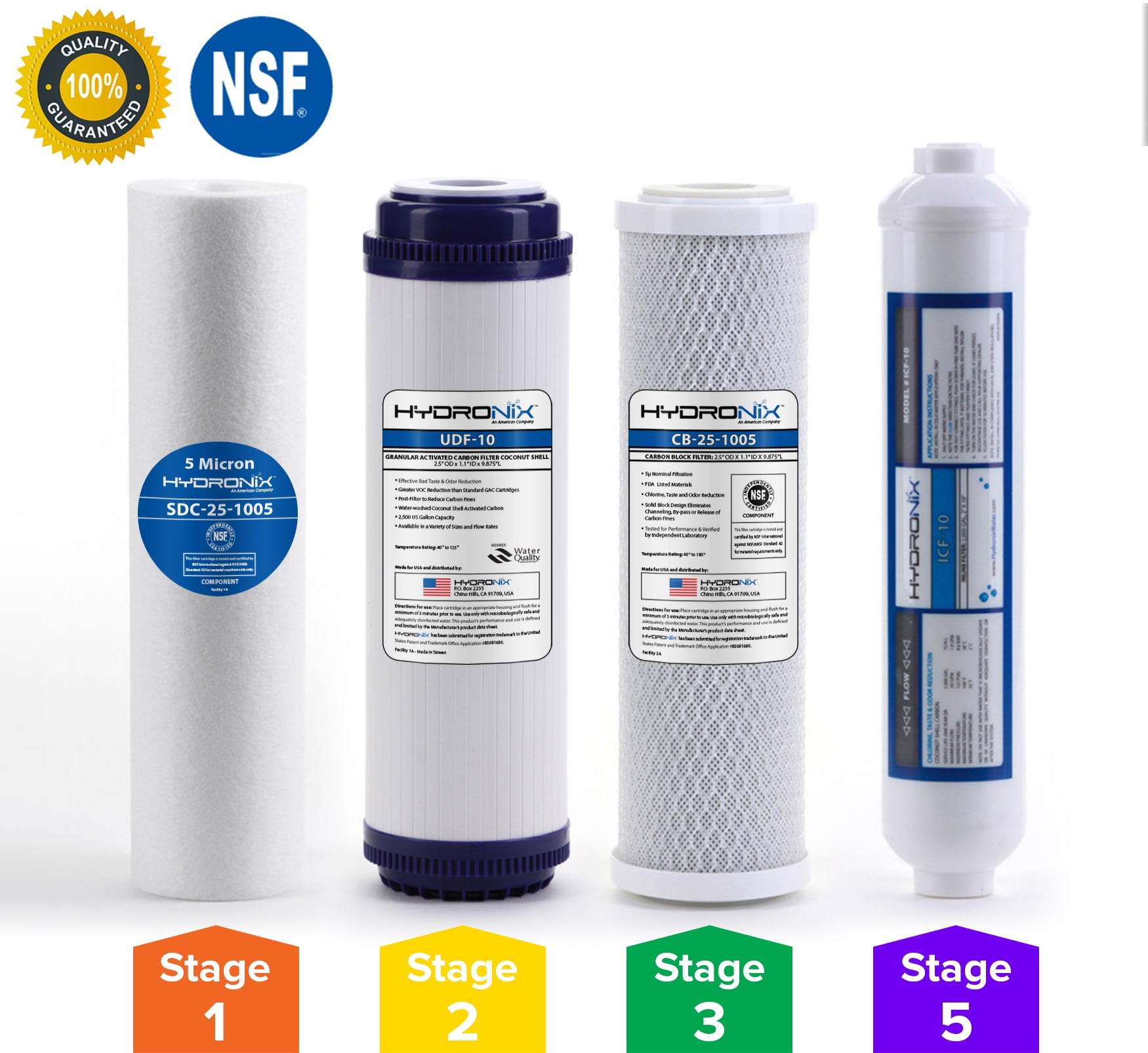 5 Stage 4pc Reverse Osmosis RO Water Filter Cartridges, Pre & Post Replacement Set SED UDF CTO GAC - 2.5" x 10"