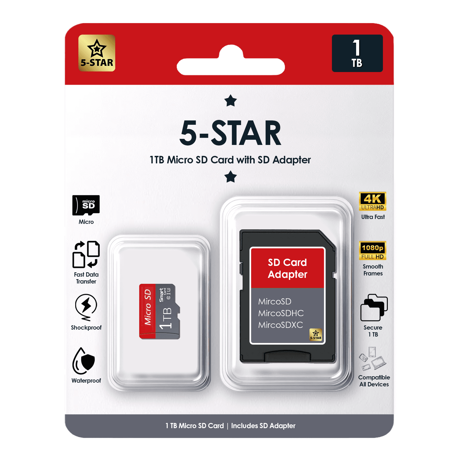 5-Star 1TB MicroSD Memory Card with Adapter for Electronics and Gaming ...