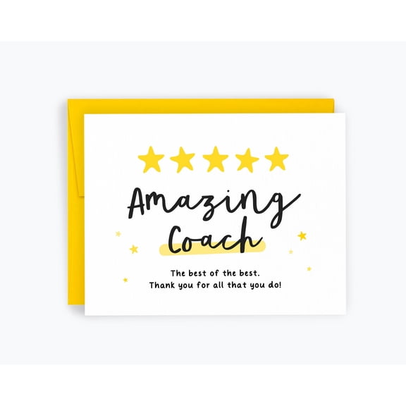 5-Star Amazing Coach Appreciation Greeting Card, Thank You Note for Sports Mentors with Yellow Stars and Matching Envelope
