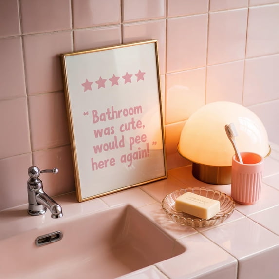 5 Star Bathroom Review Poster Pink Dorm Art, Unframed Size 8x12