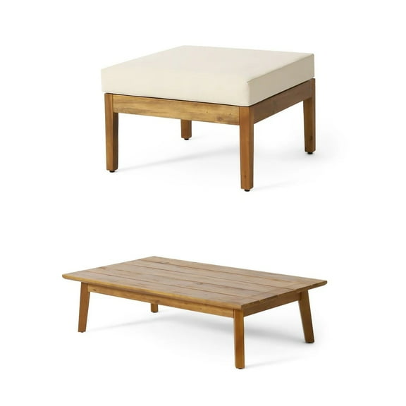 5-Star Brooklyn Upholstered Outdoor Ottoman and Coffee Table, Acacia Wood