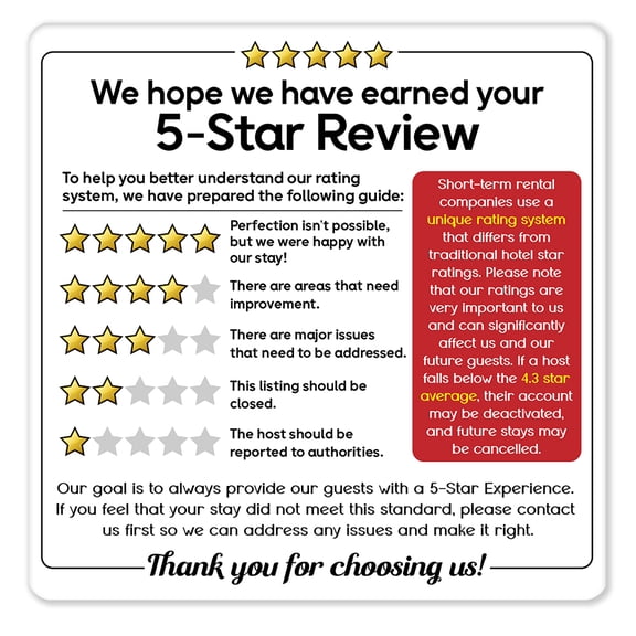 5 Star Rating Magnets for your Air Bnb Needs - Our Airbnb Signs are Great Supplies, Vrbo, & Rental Friendly Decor - Our Airbnb Signs for Hosts Help to Encourage Guests to Leave a 5 Star Rating