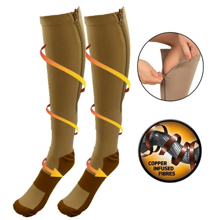 5 Star Super Deals Copper Infused Zipper Compression Socks - Closed Toe Zip Up Circulation Pressure Stockings - Knee High For Support, Reduce Swelling & Better Circulation - Nude Regular