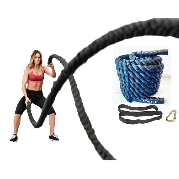 5 Star TD Battle Exercise Training Rope 40 FT Lengths, Poly Dacron 1.5 Inch Width with Protective Cover Steel Anchor, Straps Included Workout Ropes Core Strength Training Ropes, Home Gym Exercise
