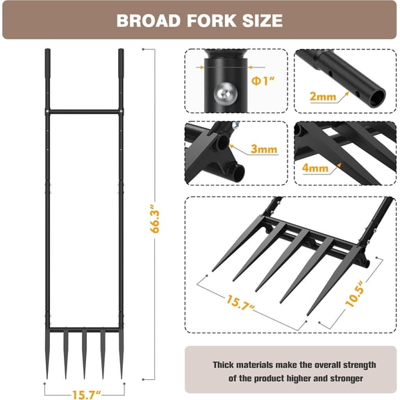 5 Steel Tines 15 in Wide BroadFork Garden Tool, 66 inch Heigh Handles, Ergonomic U-Shaped Design, Black Hand Tiller Broad Fork Great for Farm and Garden