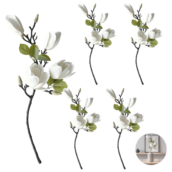 Artificial Magnolia Flowers 5 Stems, Realistic Faux Magnolia with Film-Like Texture, Lifelong White Silk Blooms for Wedding Centerpiece, Vase Arrangement