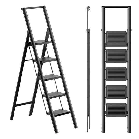 5 Step Black Iron Stepladder Portable Folding Stool for Kitchen Home Library Office