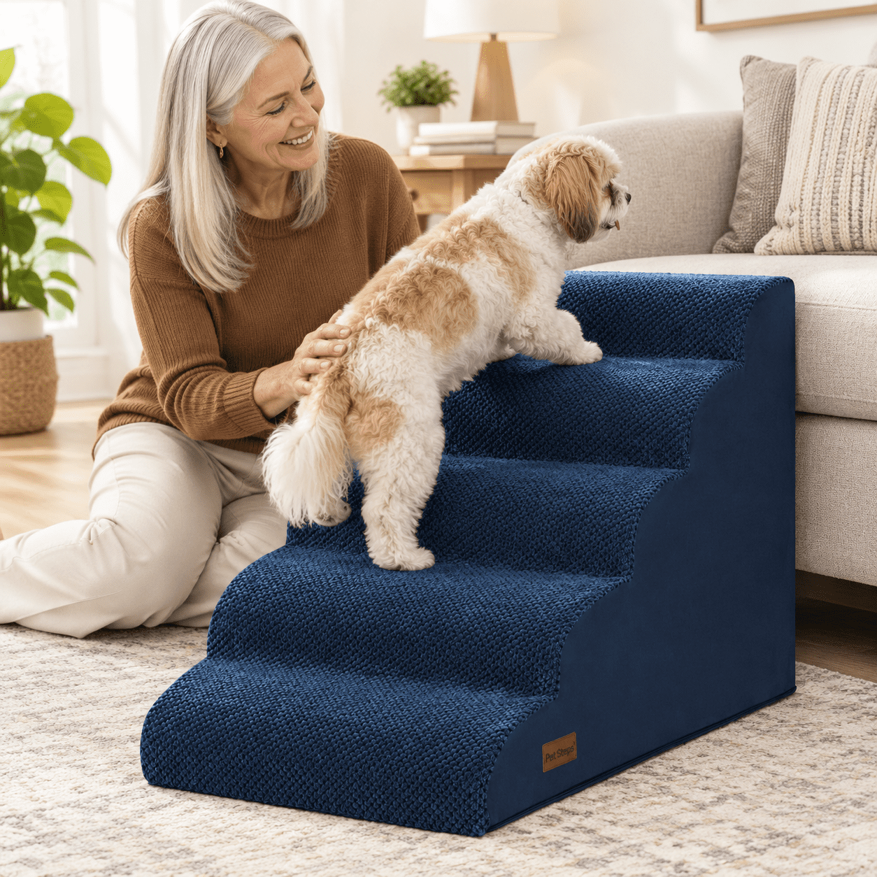 5 Step Blue Pet Stairs For High Beds, Non-Slip Foam Pet Ramp For Dogs ...
