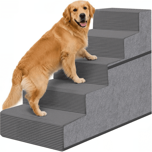 5-Step Dog Stairs for Large Dogs 22.5 Inches High Non-Slip with Washable Cover and High Density Foam Grey