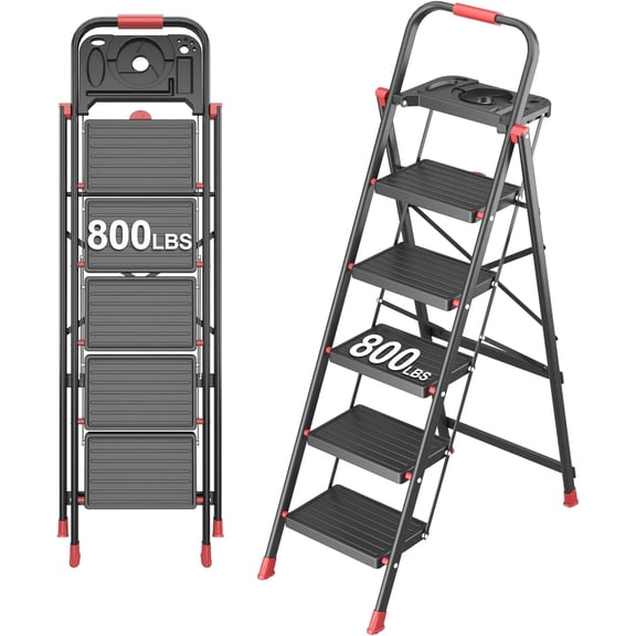 5 Step Foldable Ladder with Mutifunctional Tool Tray, Platform Ladders Stepstools, Stool Folding Non-Slip Pedals, 800lbs Bearing Capacity for Adults, Home, Kitchen, Black Red