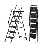 5-Step Foldable Steel Ladder, Step Stool with Detachable Tool Tray & Handrails, Wide Non-Slip Pedals, Lightweight Portable Folding Step Ladder for Home Kitchen Painting Cleaning