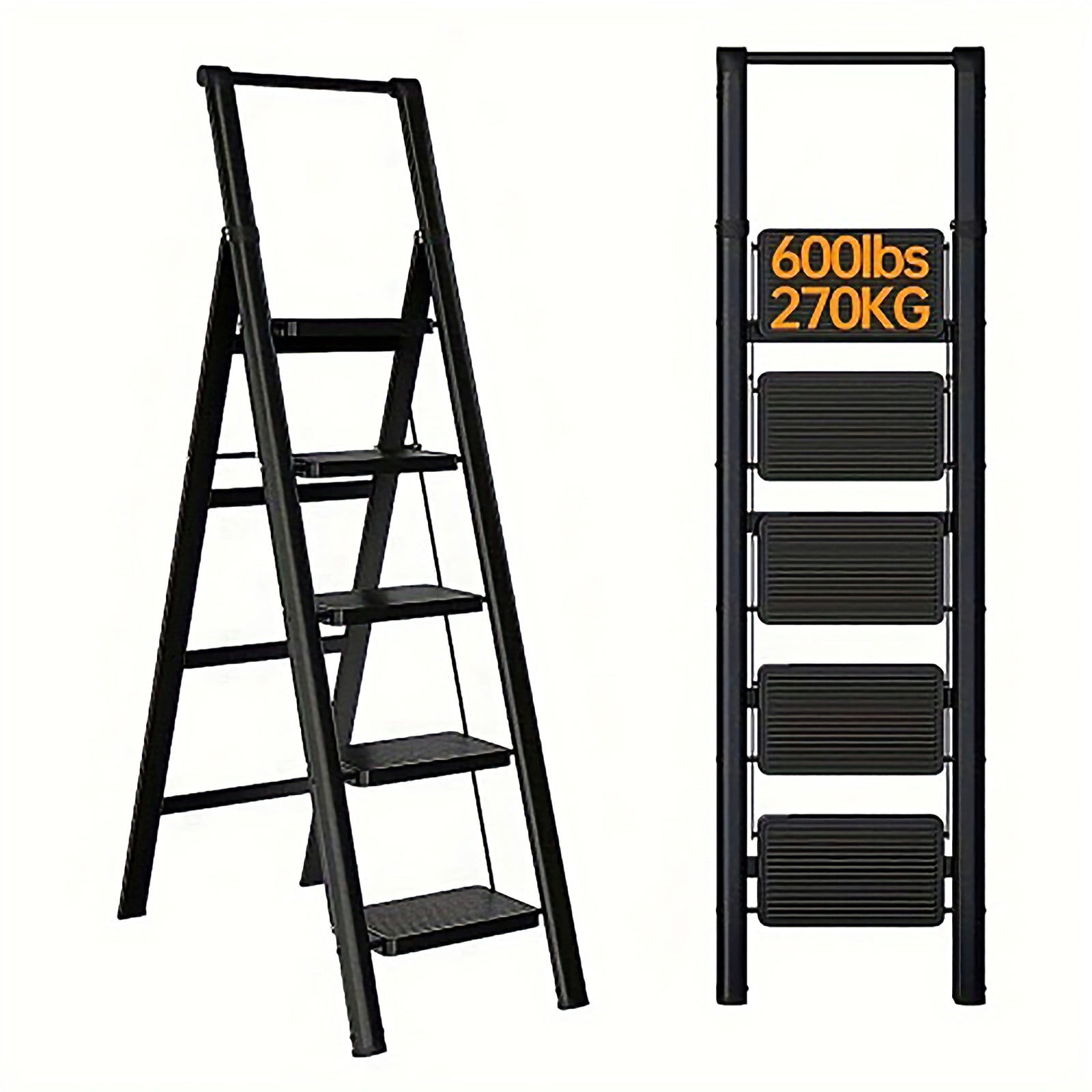 5-Step Foldable Step Ladder Stool with anti slip wide pedals, lightweight and easy to carry handle folding ladder, multi-purpose steel ladder for Kitchen, Household, 330LBS