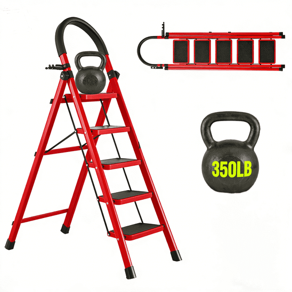5-Step Folding Ladder with Extra-Wide Non-Slip Steps and Tool Holder Supports up to 350 lbs. Lightweight and portable with sturdy steel construction and handrails.