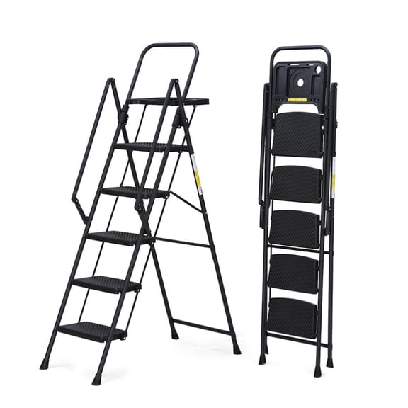5 Step Folding Ladder, Heavy-Duty Steel Step Stool with Tool Tray, Non-Slip Pedals & Handrails, 500lbs Capacity, Portable for Indoor/Outdoor Use