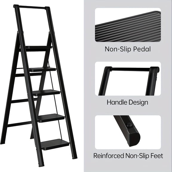 5-Step Folding Ladder with Anti-Slip Wide Pedals, Lightweight Steel Step Stool for Home and Office Use, 600lbs Capacity, Space-Saving Design