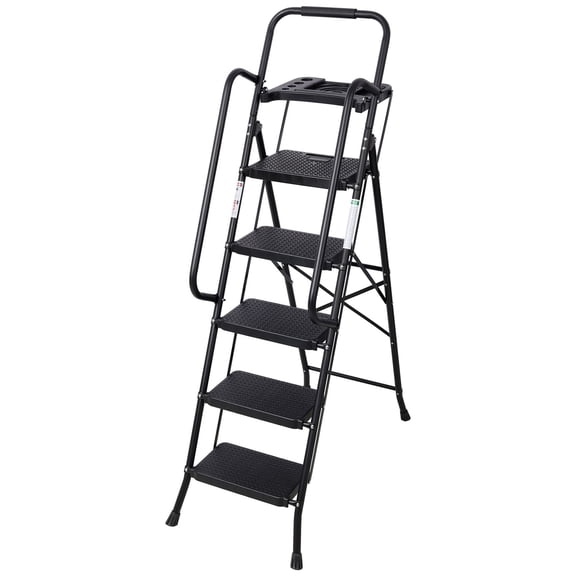 5-Step Folding Ladder with Tool Tray, 330LBS Capacity Steel Step Stool with Anti-Slip Pedal & Handrail, Portable
