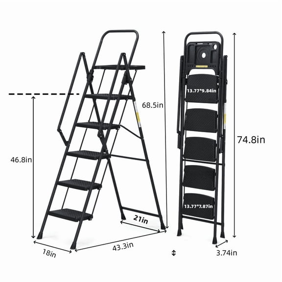 5-Step Folding Ladder with Tool Tray, Wide Non-Slip Pedals, Sturdy Steel Step Stool for Kitchen, Home, Office, Black