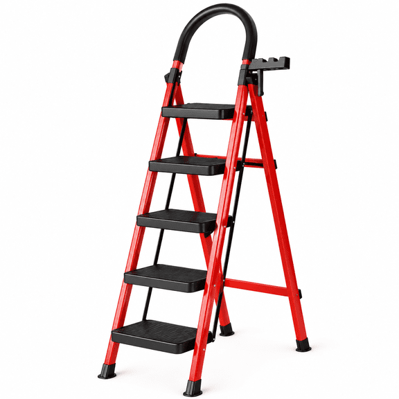 5 Step Folding Step Ladder, 500lbs Load-Bearing Steel Portable Ladder With Anti-Slip Wide Treads, Multi-use for Household and Office, Red