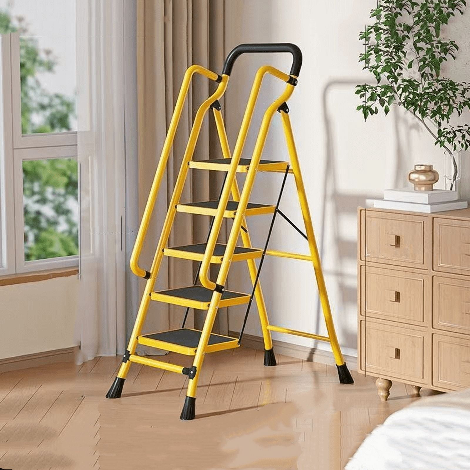 5‑Step Folding Step Stool with Handrails, Heavy‑Duty Steel 500 lbs Capacity Ladder with Extra‑Wide Anti‑Slip Pedals for Home & Commercial Use