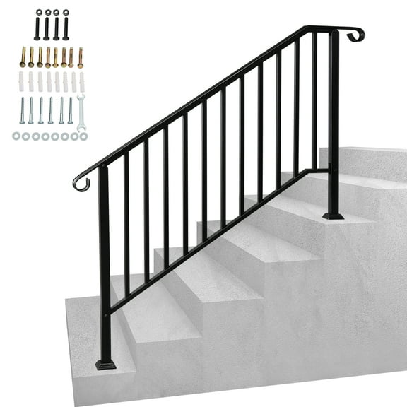 5 Step Handrails for Outdoor Steps, Wrought Iron Stair Railing Fits 4 or 5 Steps, Metal Hand Rail with Installation Kit, Staircase Handrails for Concrete, Porch, Deck, Exterior Steps, Black