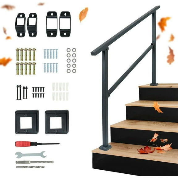 5-Step Handrails for Outdoor Steps, HandRail Fit 4 or 5 Steps Outdoor Stair Railing Deck Handrail Black Wrought Iron Hand Rails Kit