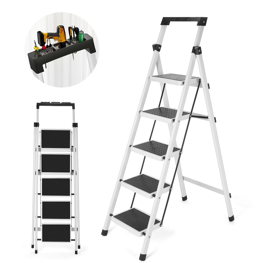 Image showcasing 5-Step Heavy-Duty Folding Ladder with Anti-Slip Wide Pedals & Handgrips ...
