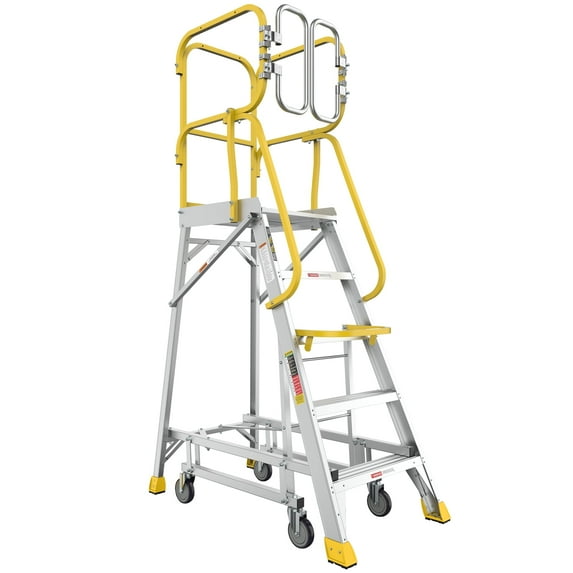 5 Step Heavy-Duty Safety Aluminum Rolling Platform Ladder, 375 lbs Capacity, 20"x 24" Work Platform with 360° Guardrail System, Industrial & Warehouse Ladder