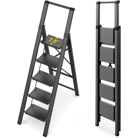 5 Step Ladder for 10 Feet High Ceiling, Lightweight Foldable Ladder with Non-Slip Wide Pedals, Step Stool with Safe Handrail, Space Saving for Home, Kitchen, Indoor & Outdoor 300lbs - Black