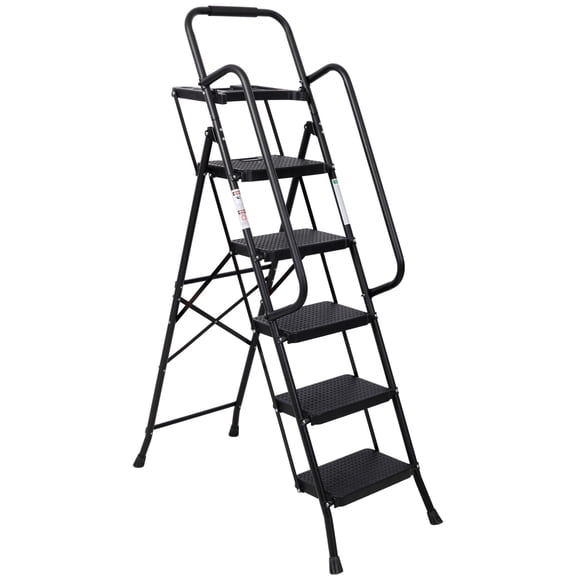 5 Step Ladder, 330LBS Capacity Folding Steel Step Stool with Handrail, Wide Anti-Slip Pedals & Tool Tray
