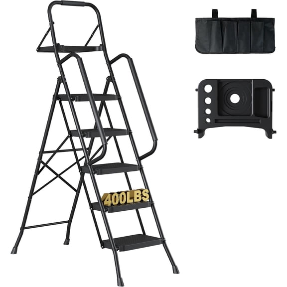 5-Step Ladder, 400lbs Max Load, Folding Step Stool with Tool Tray, Tool Bag, Handrails, Wide Anti-Slip Pedals, Sturdy Steel Ladder for Household & Work Use, Black