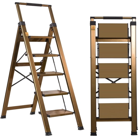 5 Step Ladder, Aluminum 5 Step Stool with Retractable Handrail and Anti-Slip Wide Pedal, Folding Stool Ladders 5 Steps, 330lbs Safety Household Slim Ladder