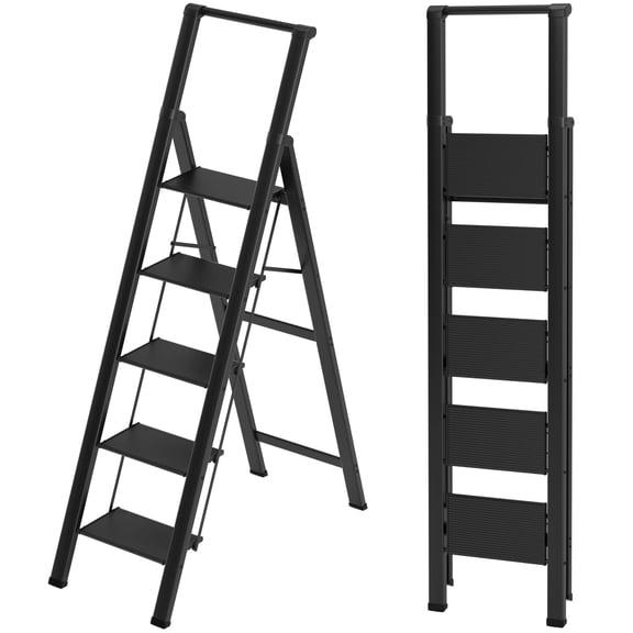 5 Step Ladder, Foldable Step Stool, Aluminum Step Ladder with Anti-Slip Pedal