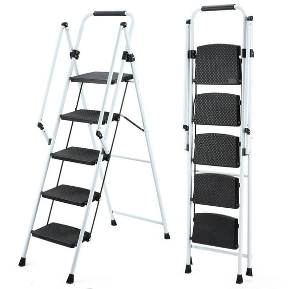 5-Step Ladder, Folding Ladder Stool, with Anti Slip Wide Pedals, Steel Ladder, with Safety Anti Slip Handle, Lightweight 330 Pound Portable Steel Ladder Stool In White