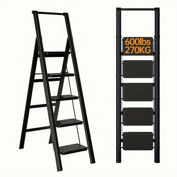 Holaki 5-step folding ladder with wide anti-slip pedals, 600 lbs capacity, steel step stool