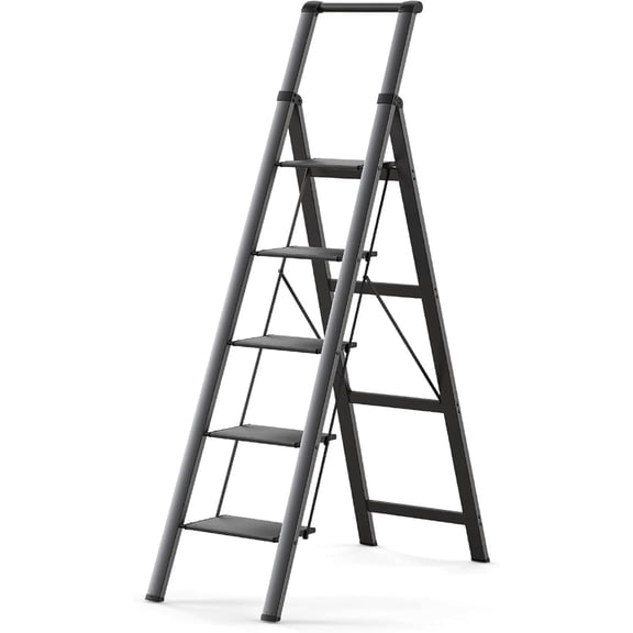 5 Step Ladder, Folding Step Stool with Handgrip and Anti-Slip Wide Pedal, Portable Lightweight Iron Stepladder for Kitchen, Home, Library, Office (300 lbs Capacity) - Black